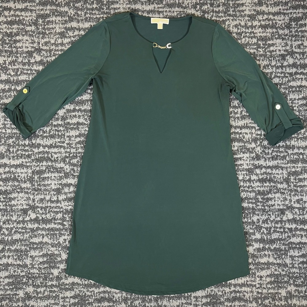 Michael Kors Shift Dress Womens XL Green Gold Chain Keyhole Roll Tab Sleeve